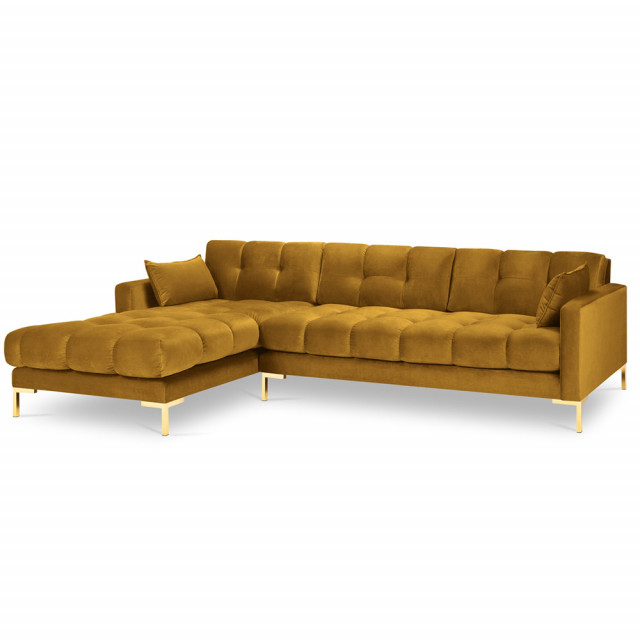 Canapea cu colt galbena/aurie din catifea si lemn de pin pentru 5 persoane Maraia Left Besolux