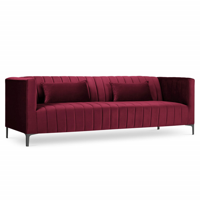 Canapea rosu inchis/neagra din catifea si lemn de pin pentru 3 persoane Annite Besolux