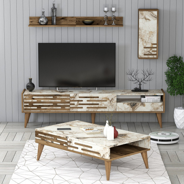 Comoda TV, masa de cafea si 2 rafturi maro/alb din lemn Valensiya Marble The Home Collection