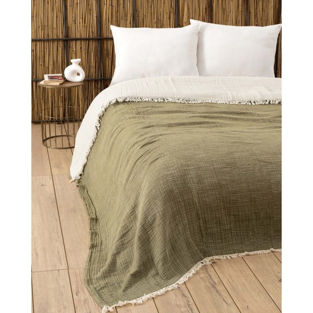 Cuvertura verde inchis din bumbac 230x250 cm Muslin Yarn The Home Collection