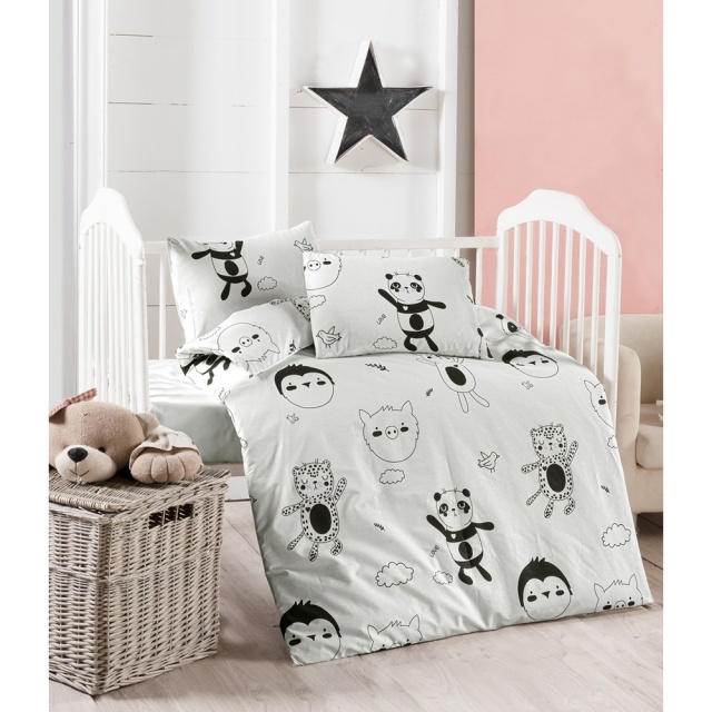 Lenjerie pat alba/neagra din bumbac Panda The Home Collection