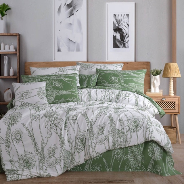 Lenjerie pat alba/verde din bumbac Lara Single The Home Collection