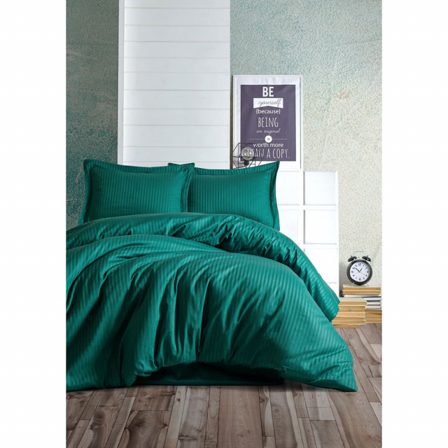 Lenjerie pat verde petrol din bumbac Stripe Double The Home Collection