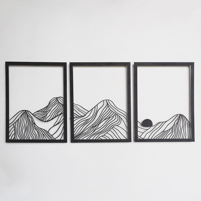 Set 3 decoratiuni de perete negre din metal 49x115 cm Mountain Landscape The Home Collection