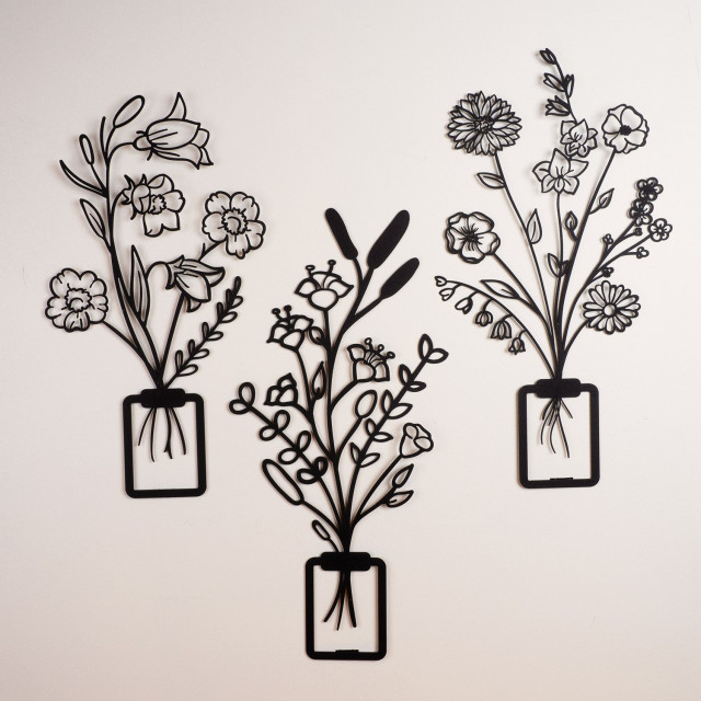 Set 3 decoratiuni de perete negre din metal Flowers in Vase 3D The Home Collection