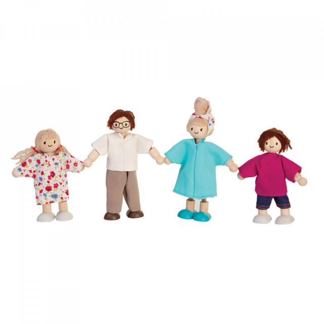 Set 4 papusi multicolore din lemn si textil Doll Family Plan Toys