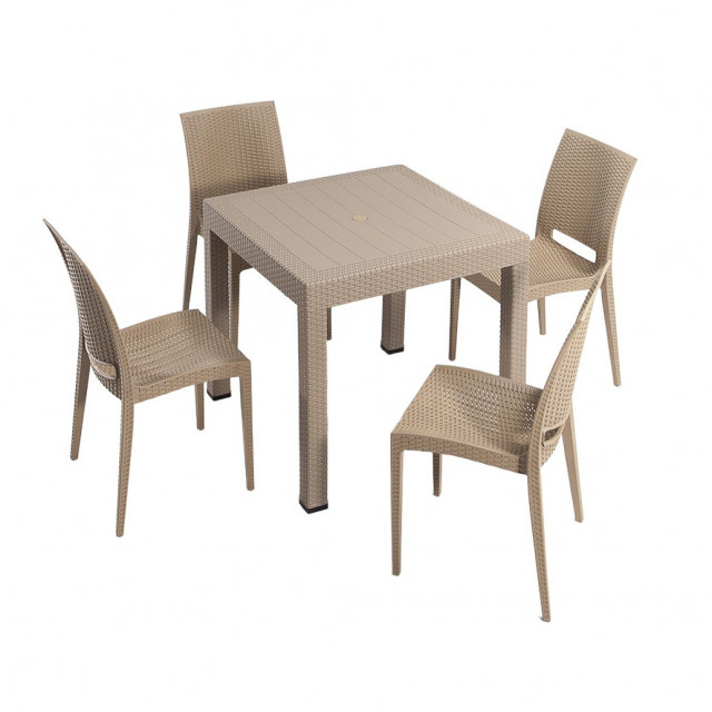 Set 4 scaune si masa dining maro cappuccino din plastic Takimi Small The Home Collection