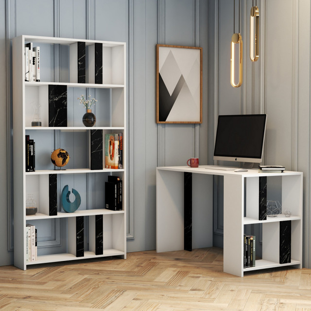 Set birou cu etajera alb/negru din lemn Lima Marble The Home Collection