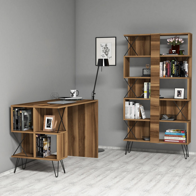 Set birou cu etajera maro/negru din lemn Extra The Home Collection