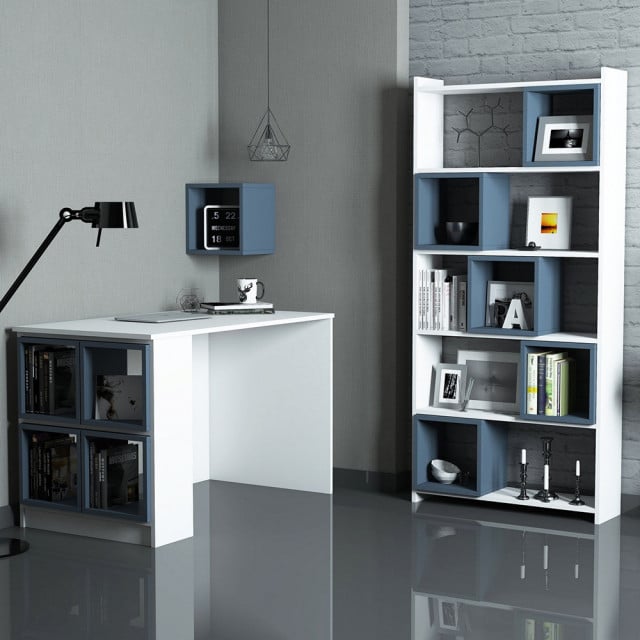 Set birou cu raft si etajera alb/albastru din lemn Box The Home Collection