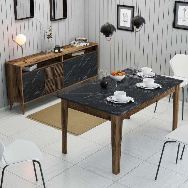 Set bufet inferior si masa dining maro/negru din lemn Milan Marble The Home Collection