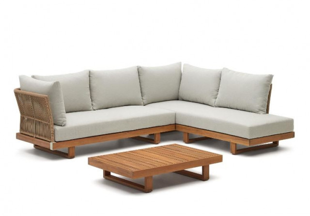 Set canapea cu colt si masa de cafea gri/maro din material textil si lemn Raco Kave Home