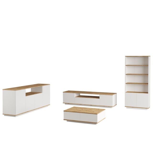 Set comoda TV, masa de cafea, bufet inferior si biblioteca maro/albe Alisa The Home Collection