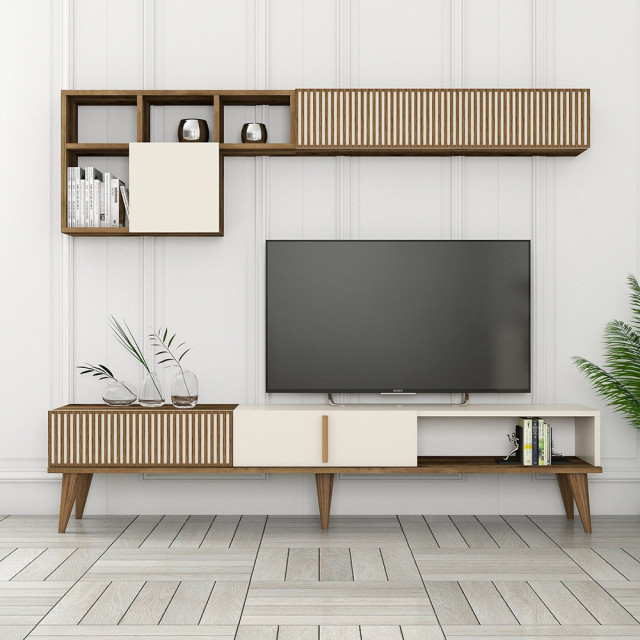 Set comoda TV si 2 rafturi maro/crem din lemn Milan The Home Collection