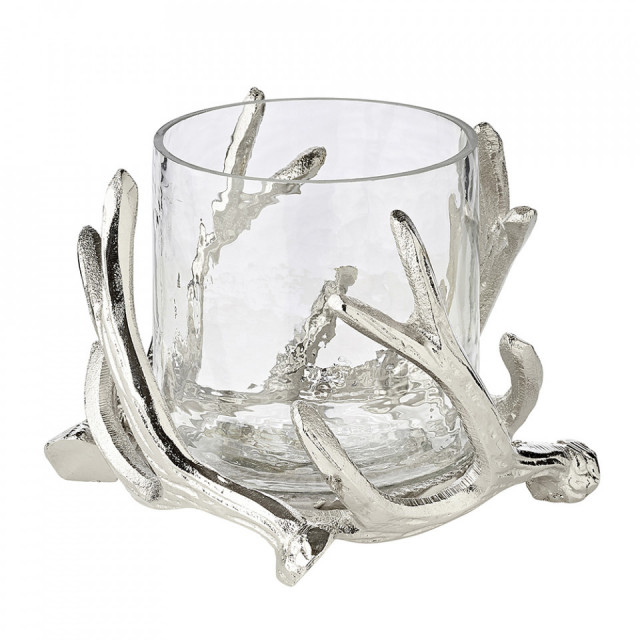 Suport lumanare argintiu din sticla si aluminiu 10 cm Kingston Edzard