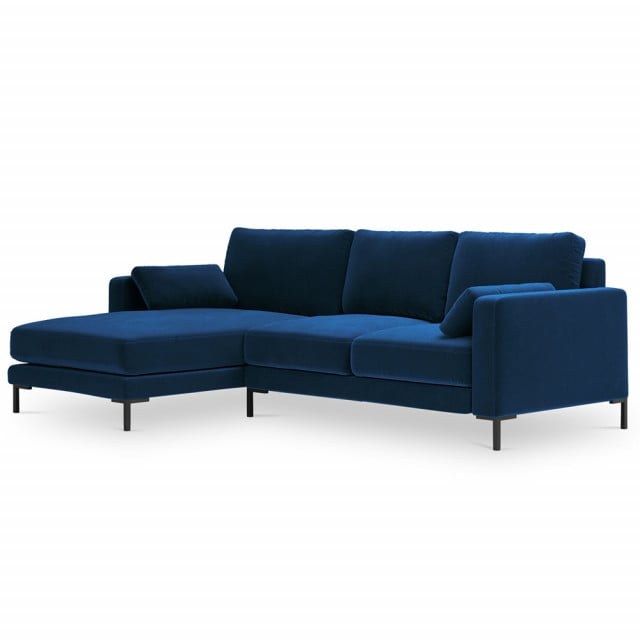 Canapea cu colt albastru royal din catifea si lemn de pin pentru 4 persoane Jade Left Besolux
