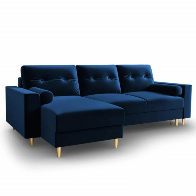 Canapea cu colt extensibila albastru royal/aurie din catifea si lemn de pin pentru 4 persoane Leona Besolux