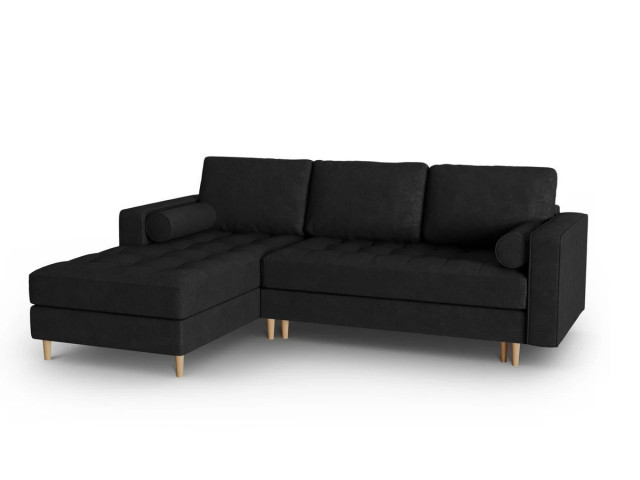 Canapea cu colt extensibila negru din piele si lemn de pin pentru 5 persoane Gobi Besolux
