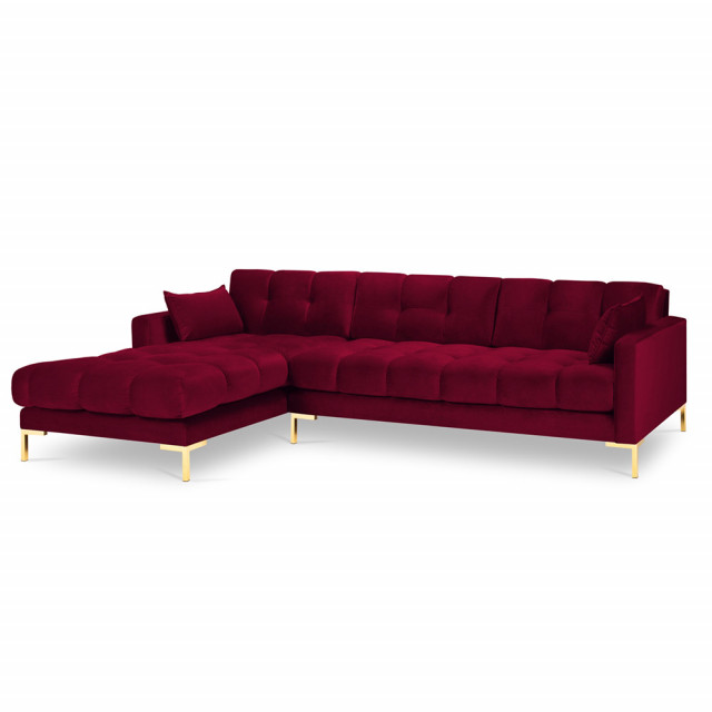 Canapea cu colt rosie/aurie din catifea si lemn de pin pentru 5 persoane Mamaia Left Besolux