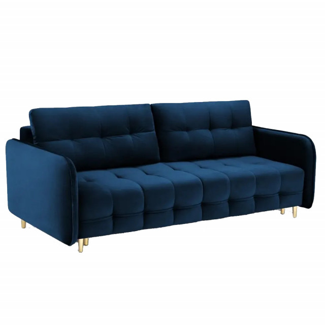 Canapea extensibila albastra royal/aurie din catifea si lemn de pin pentru 3 persoane Scaleta Besolux