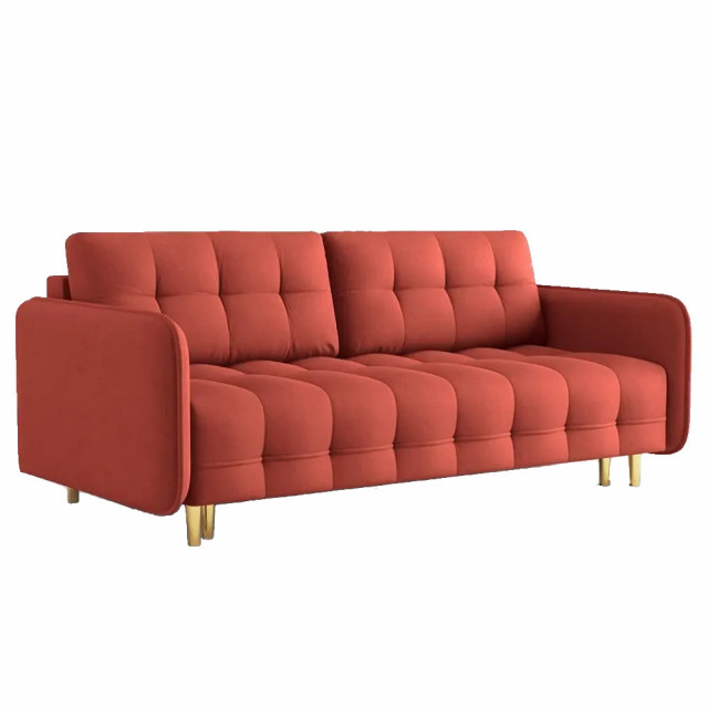 Canapea extensibila rosie/aurie din textil si lemn de pin pentru 3 persoane Scaleta Besolux