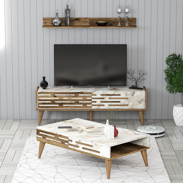 Comoda TV, masa de cafea si raft maro inchis/alb din lemn Valensiya Marble The Home Collection