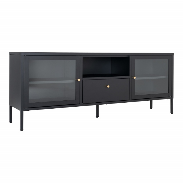 Comoda TV neagra din otel si sticla 160 cm Dalby House Nordic