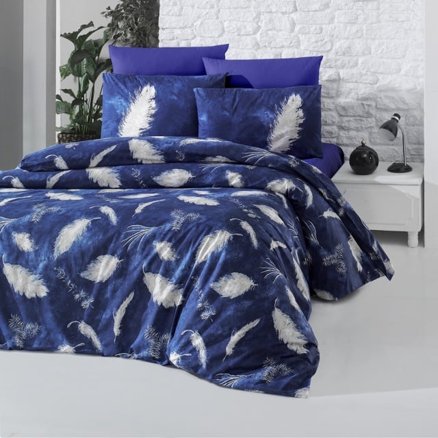 Lenjerie pat albastru inchis/alba din bumbac Feather Double The Home Collection