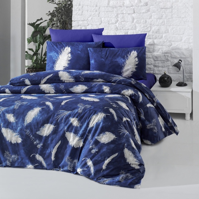 Lenjerie pat albastru inchis/alba din bumbac Feather Single The Home Collection