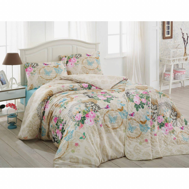 Lenjerie pat bej/multicolora din bumbac Angel Double The Home Collection