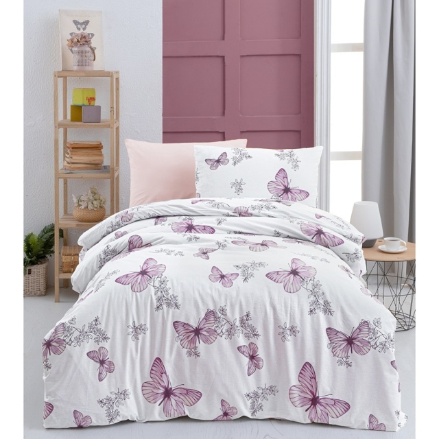 Lenjerie pat mov/alba din bumbac Butterfly Single The Home Collection