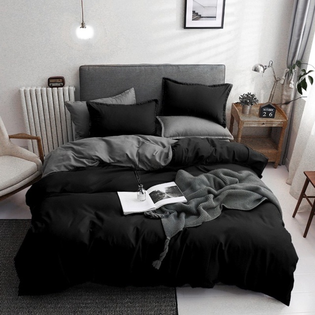 Lenjerie pat neagra/gri din bumbac Basic Double The Home Collection