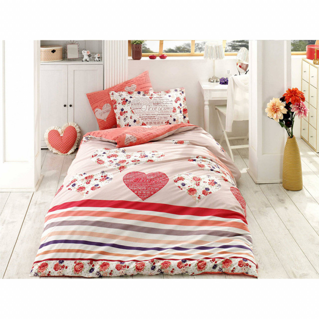 Lenjerie pat rosie/multicolora din bumbac Bella Single The Home Collection