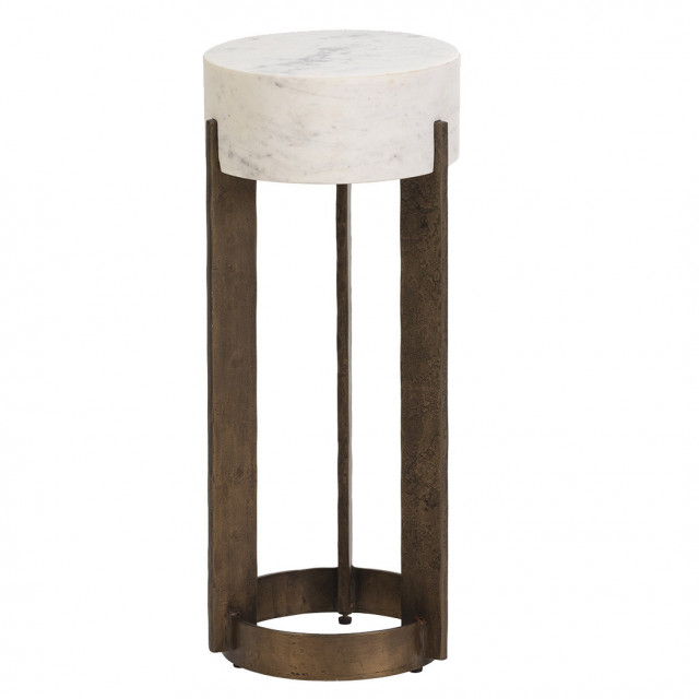 Masa laterala alba/auriu antichizat din marmura si metal 25 cm Koper Thai Natura