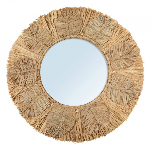 Oglinda rotunda maro din rafie si scoici 60 cm Palm Tree Bazar Bizar