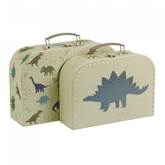 Set 2 cutii tip valiza multicolore din carton si metal Dinosaurs A Little Lovely Company