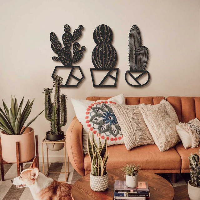 Set 3 decoratiuni de perete negre din metal Cactus The Home Collection