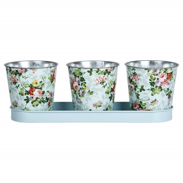 Set 3 ghivece multicolore cu farfurioara din metal Roses Esschert Design