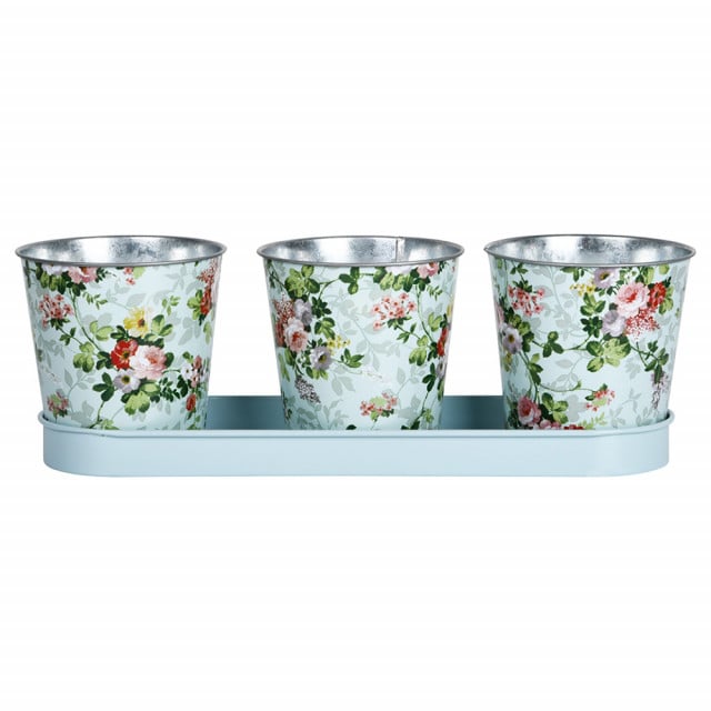 Set 3 ghivece multicolore cu farfurioara din otel Roses Esschert Design