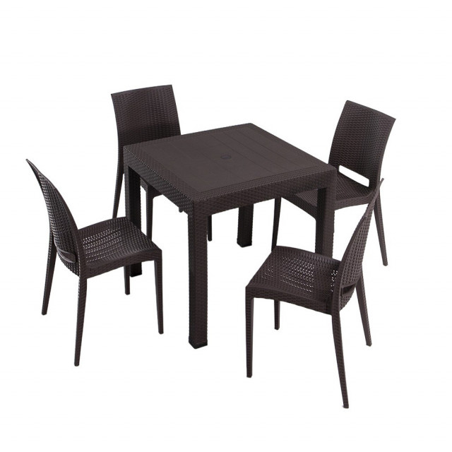 Set 4 scaune si masa dining maro din plastic Takimi Small The Home Collection