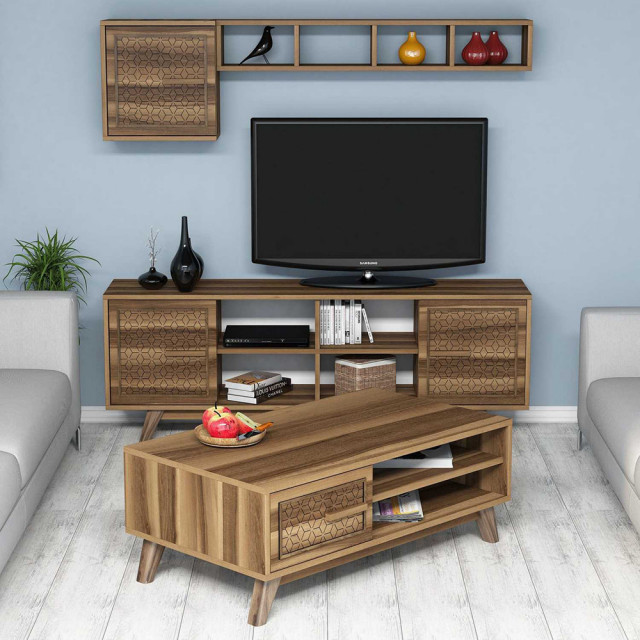 Set comoda TV, raft, dulap si masa de cafea maro din lemn Ayla The Home Collection