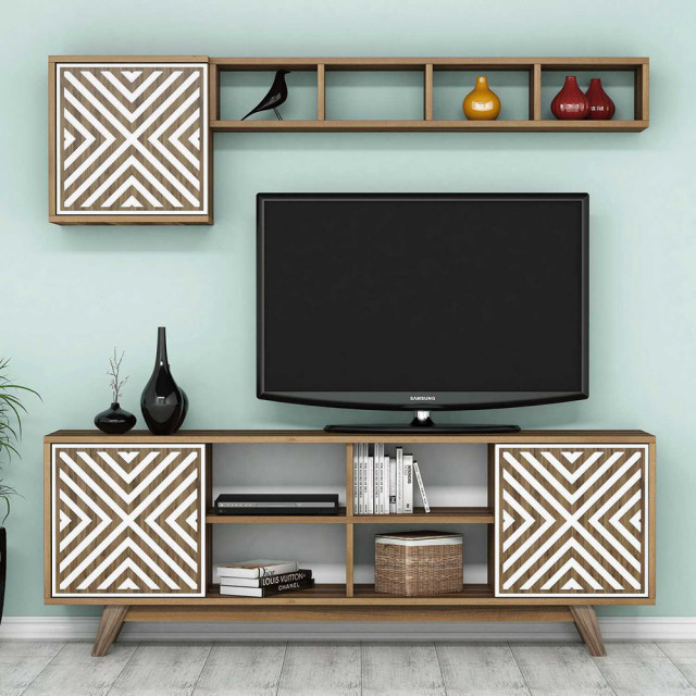 Set comoda TV, raft si dulap maro/alb din lemn Inci The Home Collection