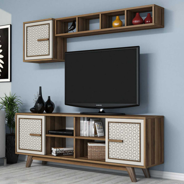 Set comoda TV, raft si dulap maro/crem din lemn Ayla The Home Collection