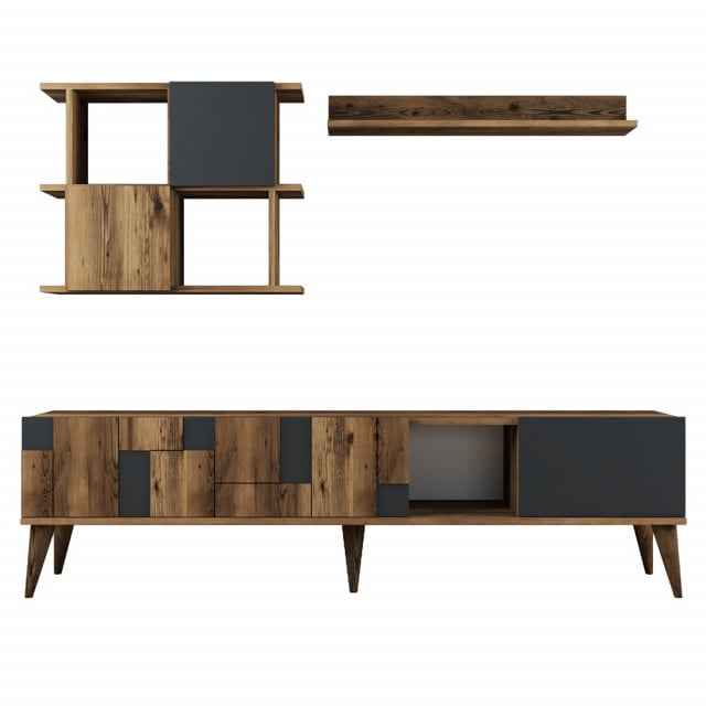 Set comoda TV si 2 rafturi maro/gri antracit din lemn Madrid The Home Collection