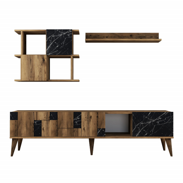 Set comoda TV si 2 rafturi maro/negru din lemn Madrid The Home Collection