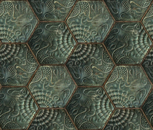 Tapet verde smarald din hartie cu fibre de nailon Hexagon Tiles Rebel Walls