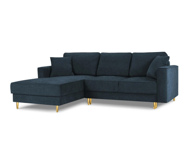 Canapea cu colt extensibila albastru inchis/auriu din textil si lemn de pin pentru 4 persoane Left Dunas Besolux