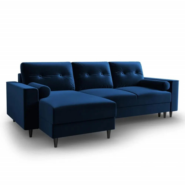 Canapea cu colt extensibila albastru royal/neagra din catifea si lemn de pin pentru 4 persoane Leona Besolux