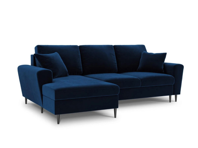 Canapea cu colt extensibila albastru royal/negru din catifea si lemn de pin pentru 4 persoane Moghan Besolux