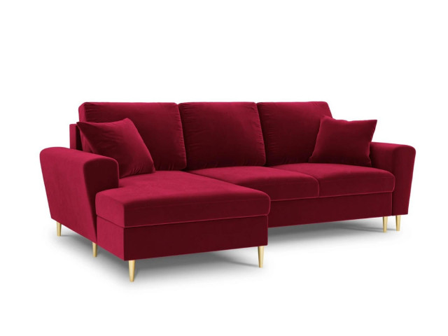 Canapea cu colt extensibila rosie/auriu din catifea si lemn de pin pentru 4 persoane Moghan Besolux
